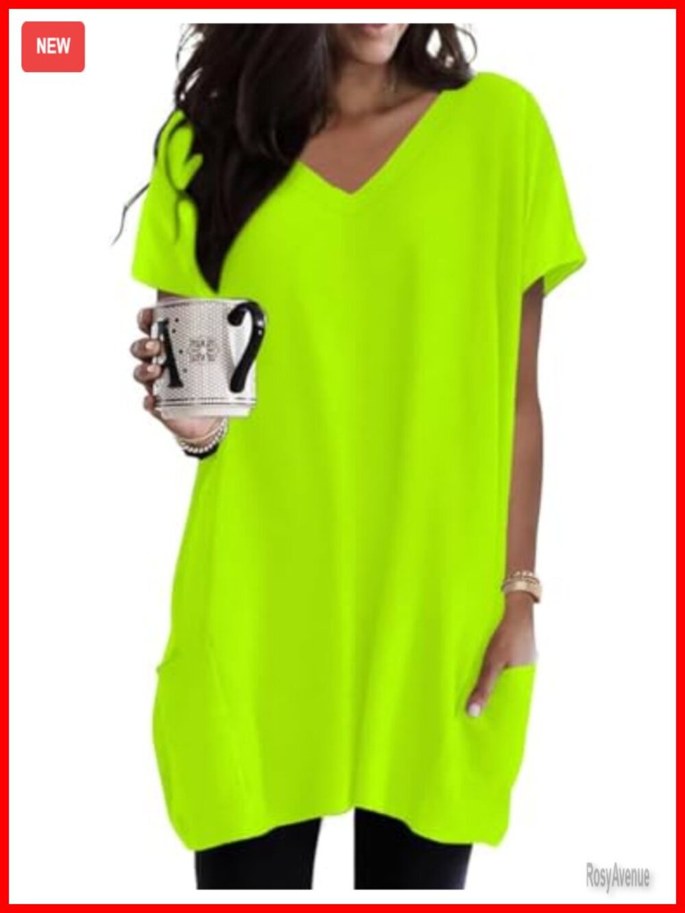 Women's Tunic Top with Pockets V-Neck Short Sleeve Casual Long T-Shirt